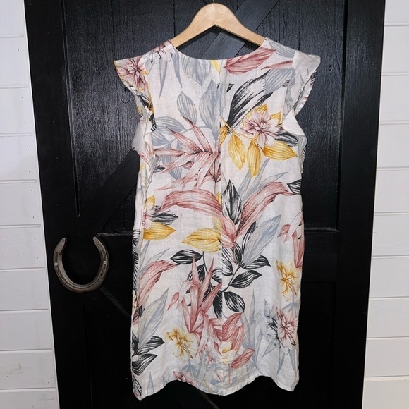 C&C California 100% Linen Floral Tropical Boho Flutter Sleeve Shift Dress Sz L - Picture 5 of 7